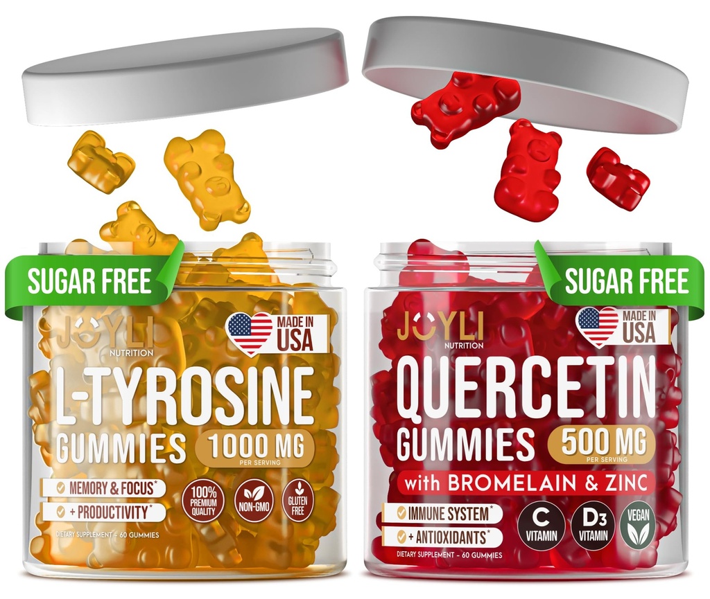L- Tyrosine Gummies + Quercetin Gummies - L Tyrosine Supplement, Quercetin med C-vitamin - Focus Gummies og immunforsvar Gummies - 60 L- Tyrosin til børn Gummies, 60 Quercetin med zink Gummies