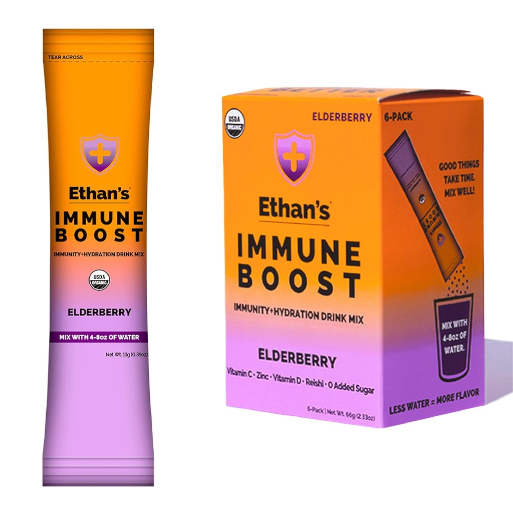 Ethans Organic Drink Mix, Elderberry Flavor, Immunity Support og Hydration Powder Pakninger, Lavet med Real Fruit, C-vitamin, D-vitamin, zink, ingen tilsat sukker (6 Pack)