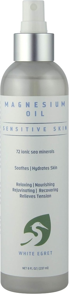 Hvid Egret nogensinde 124; Magnesium Oil Spray Følsomme Hud med 72 Ionic Sea Minerals nogensinde 124; Lindrende, nærende, foryngende og regenererende egenskaber