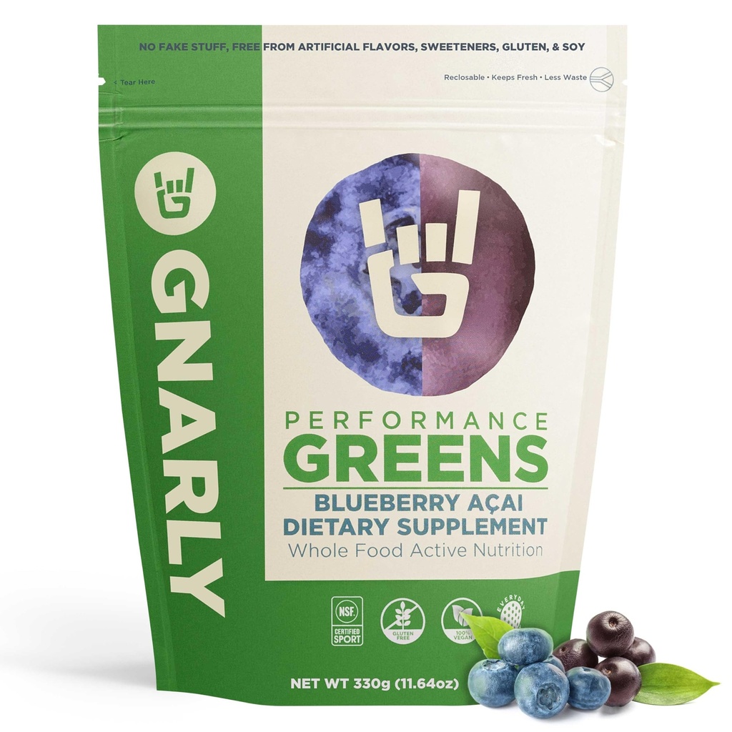 Gnarly Nutrition Greens Superfood Powder - Blåbær Acai Performance Super Green Powder - NSF Sport Certificeret - Økologisk, Probiotika & Væsentlige mikronæringsstoffer - Blåbær Acai, 11.64 oz