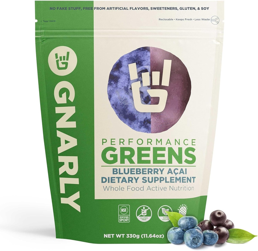 Gnarly Nutrition Greens Superfood Powder - Blåbær Acai Performance Super Green Powder - NSF Sport Certificeret - Økologisk, Probiotika & Væsentlige mikronæringsstoffer - Blåbær Acai, 11.64 oz