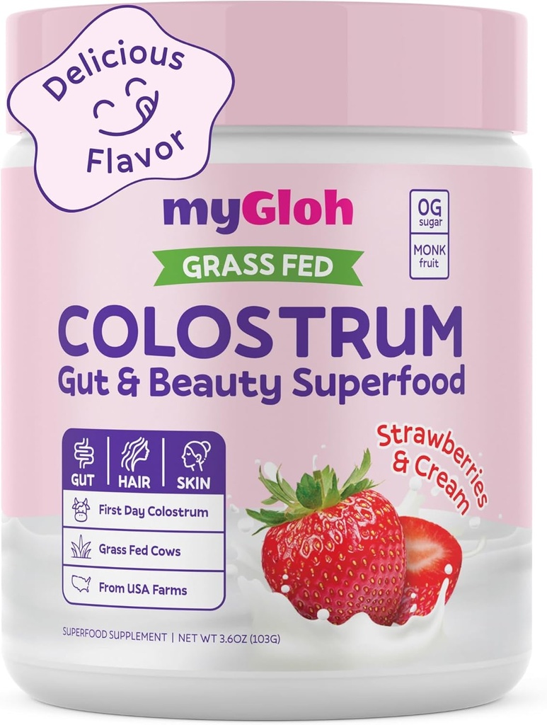 Colostrum Powder Premium- 124; Gut Health & Bloating, Hair Growth & Skin Glow, Immunitet - 124; Natural Aroma Strawberries & Cream - 124; Grass- Fed Bovine Colostrum Supplement- 124; High IgG, Gluten Free, Bioactives