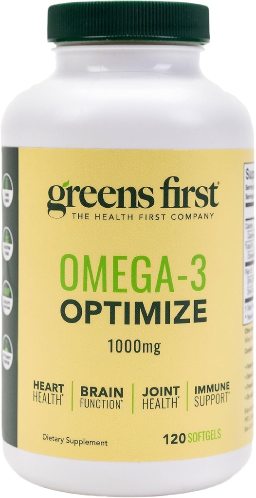 Greens First Omega-3 Optimize Daily Supplement - Ultra-Pure, Potent Marine Oil - for hjerte, hjerne & fælles sundhed - High EPA / DHA - immunforsvar - 850mg (120 Softgels)