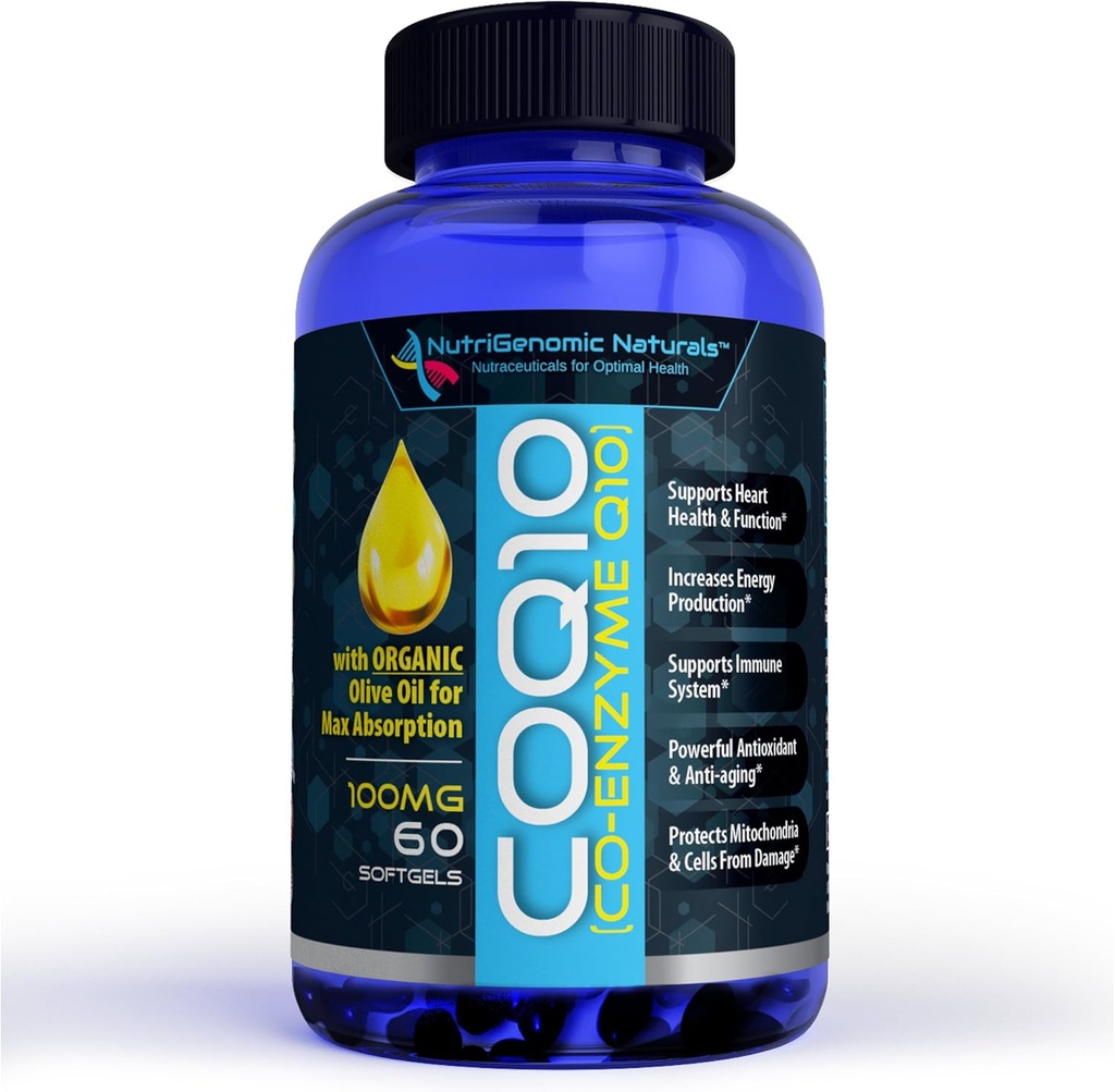 CoQ10, Coenzym Q10, Højeste Absorption med Økologisk Olivenolie, 100mg, 60 Softgel, Ubiquinone, Ubiquinol, Understøtter hjertesundhed, Øger energi, Rene, Natural, Effektiv
