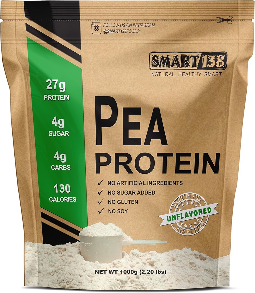 100% Pure Pea Protein, Ultra Glat Powder, Vegan, Gluten- Free, Soy- Free, Dairy- Free, Non- GMO, USA / Canada, Keto (Low Carb), Natural BCAAs (1000g / 2.2lbs, Unflavored)