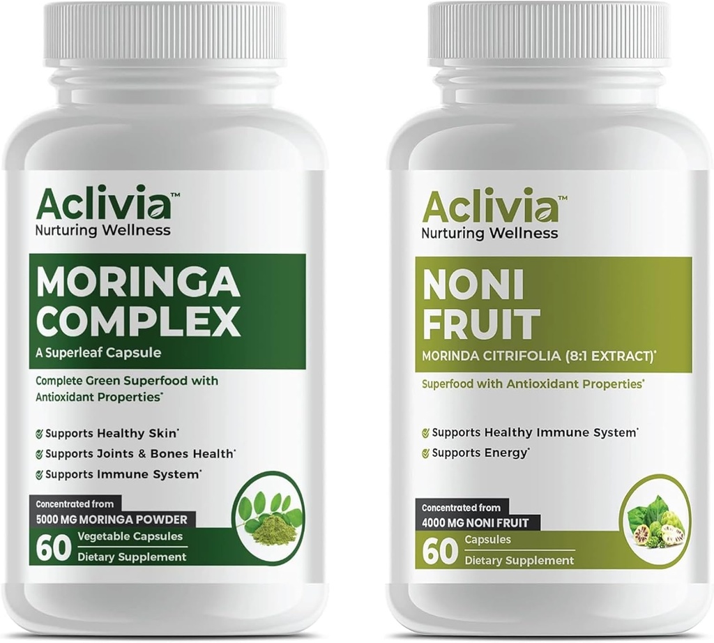 Noni Fruit & Moringa Bundle - Hawaiian Noni Extract 4000mg (8: 1) & Oleifera Leaf & Seed Extract 5000mg - Traditional Herbal Supplement Superfood Complex - 60 Kapsler Hver