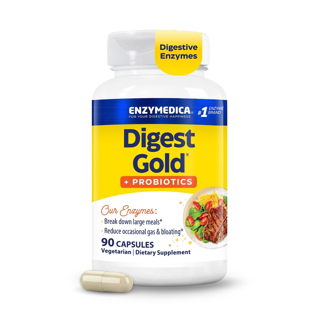 Enzymedica Digest Gold + Probiotika, 2- in-1 Formel for Gut Health, fordøjelsesenzymer & 1 Millioner aktive probiotiske kulturer, 90 Greve (FFP)