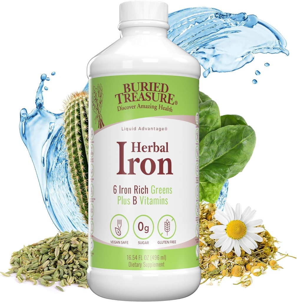 Begravet Treasure Herbal Jern - 48 Servering, Flydende Jern og Herbal tillæg, C-vitamin & B Complex vitaminer, Iron- rige Grønne, Vegansk Jern til mænd og kvinder