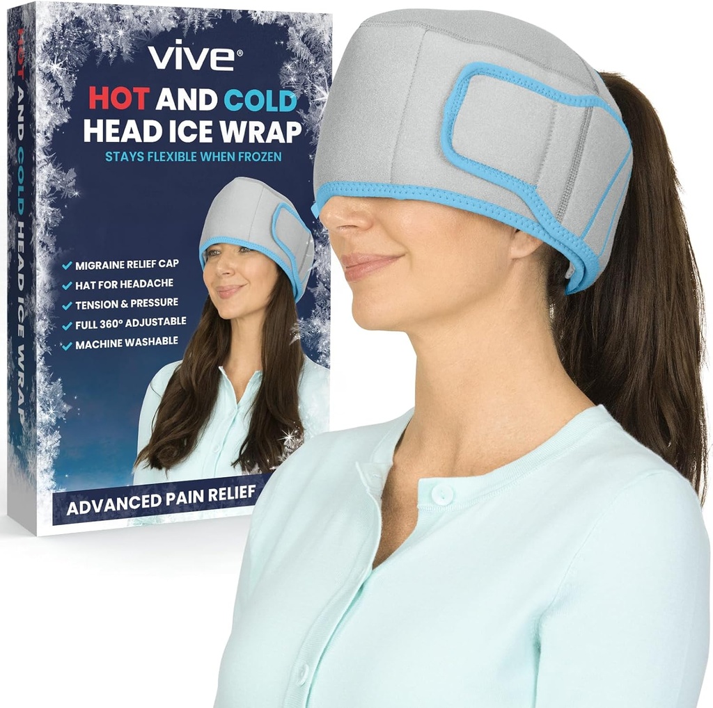 Vive Migræne Relief Cap - Hot & Cold Compression Hat for Hovedpine - Full Head Ice Wrap Beanie & Eye Mask for Spænding & Pressure Relief - Kølebånd - Genanvendelige & Fleksible Soft Gel pakker