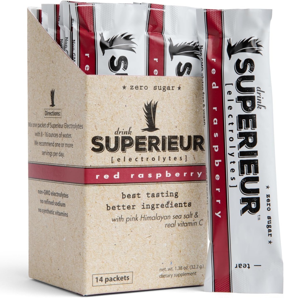 Superieur Electrolyte Powder Packets - Vegan Electrolyte Hydration Powder w / Sea Minerals - Keto Friendly, Non- GMO, Zero Sugar Electrolyte Supplement - Sund Sports Drink - Hindbær (14 Packets)