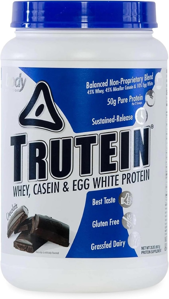 Body Nutrition Trutein High Protein Powder: 45% Whey, 45% Casein, 10% Egg White Protein Shake Mix, Gluten- Free, Lavnatrium, Lavcarb Protein Supplement Pulver til mænd og kvinder, Chokolade, 2lb