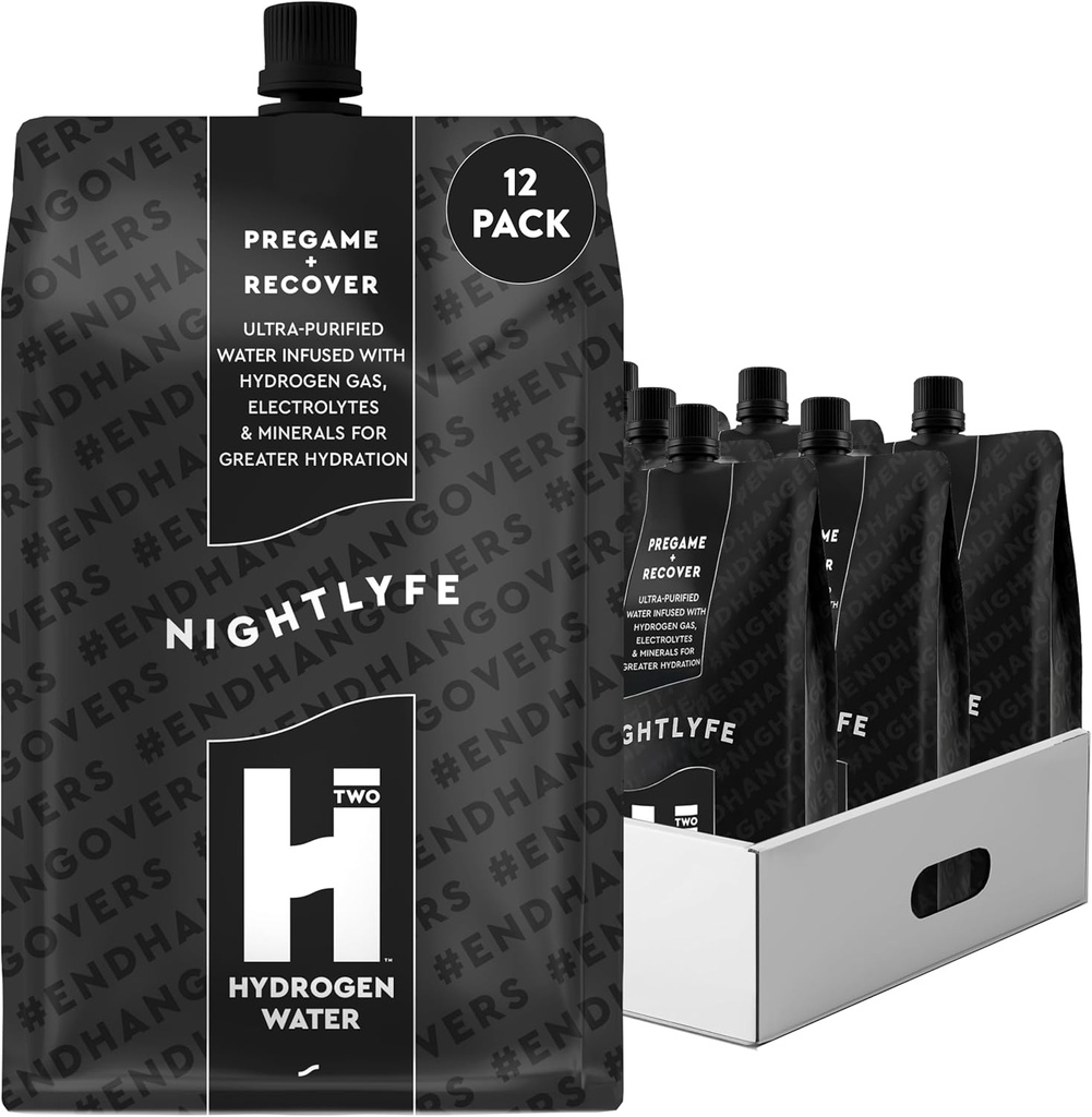 HTWO Nightlyfe Recovery, 16.9oz Premium Hydrogen Infunderet vand med elektrolyter, Vitaminer, og mineraler, 12- Pack, Funktionel Hydration Pakker til Inddrivelse & Mental Klarhed, Sukker fri