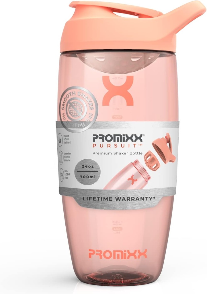 Promixx Pursuit Protein Shaker Flaske (24 oz) - Silent No- Ball Mixer, Leak- Proof Lid, BPA / BPS & Phthalate- Free ECOZEN - Easy- Clean Shaker Cup for Protein Shakes, Pre & Post- Workout Smoothies