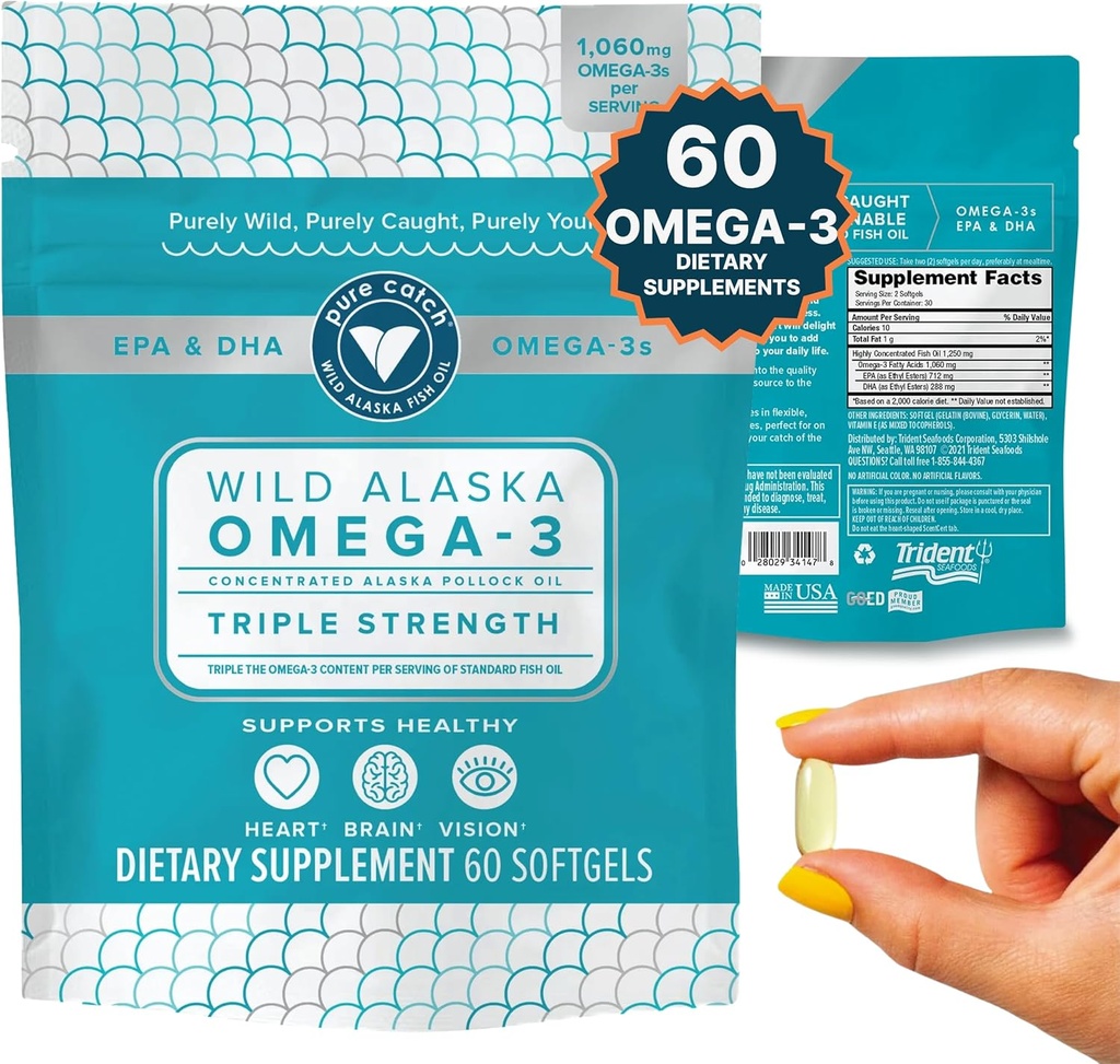 Trident Seafoods Pure Catch Wild Alaska Fish Oil 1060mg Triple Strength Omega-3 Fish Oil Supplement for kvinder og mænd - EPA og DHA - 60 Ct. Daglig Citrus Soft Gel støtter hjerte, hjerne og vision