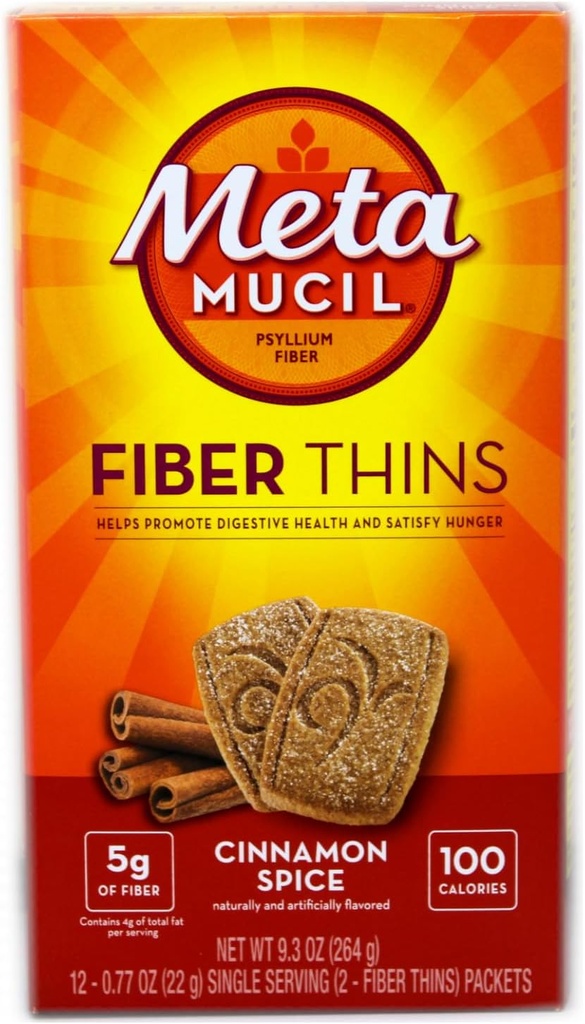Metamucil Fiber Thins Kanel Spice 3 kasser med 12 pakker. Hver af de 12 pakker indeholder 2 fibertråde