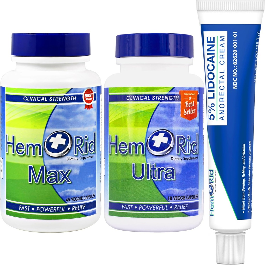 HemRid Complete Hæmorhoid Care System - Potent 5% Lidocain Cream til hurtig tematisk komfort, Max Ultra kapsler til løbende vaskulær sundhed og kredsløbsstøtte