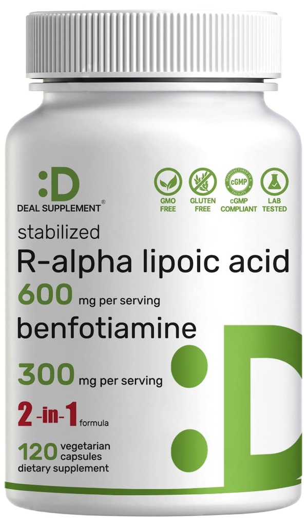 DEAL SUPPLEMENT R Alpha Lipoic Acid 600 mg med Benfotiamin 300mg per servering, 120 Veggie Kapsler - 200mg R- ALA per kapsel - Antioxidant supplement til energi & nervesystem support