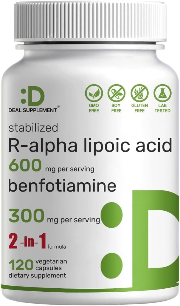 DEAL SUPPLEMENT R Alpha Lipoic Acid 600 mg med Benfotiamin 300mg per servering, 120 Veggie Kapsler - 200mg R- ALA per kapsel - Antioxidant supplement til energi & nervesystem support