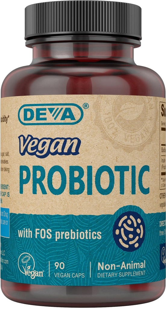 DEVA Vegansk Probiotisk med FOS Prebiotika Supplement - 2 Millioner CFU med 100 MG Prebiotika Per Servering for mænd og kvinder - Non- Dairy Gluten Free - naturligt holdbart - 90 kapsler