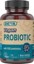 DEVA Vegansk Probiotisk med FOS Prebiotics Supplement - 2 Millioner CFU med 100 MG Prebiotics Per Servering for mænd og kvinder - Non- Dairy Gluten Free - naturligt holdbart - 90 kapsler