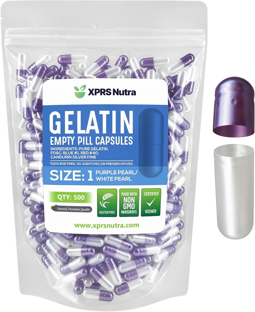 XPRS Nutra Størrelse 1 Tomme kapsler - 500 Tomme Gelatine kapsler - Pille gør det - Pure Bovin Pill Gel Caps til Do- It- Yourself kosttilskud (Pearl Purple / White)