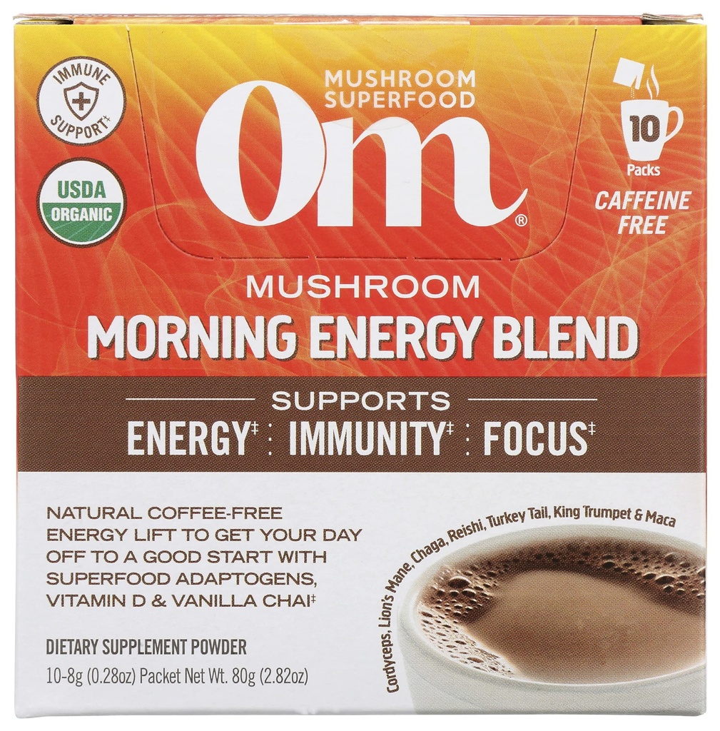 Om champignon Superfood Morning Energy Blend Mushroom Powder Drikke, Kaffe Free Energy Drikke med Cordyceps, Vitamin D2, Agaricus Bisporus, Lions Mane, Rhodiola, og Tyrkiet Tail, 10 Greve, 2,82 Oz