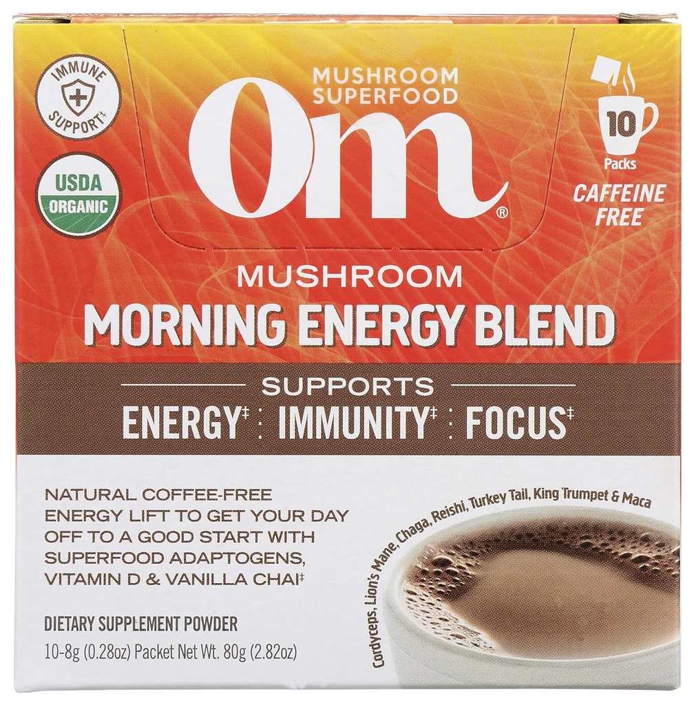 Om champignon Superfood Morning Energy Blend Mushroom Powder Drikke, Kaffe Free Energy Drikke med Cordyceps, Vitamin D2, Agaricus Bisporus, Lions Mane, Rhodiola, og Tyrkiet Tail, 10 Greve, 2,82 Oz