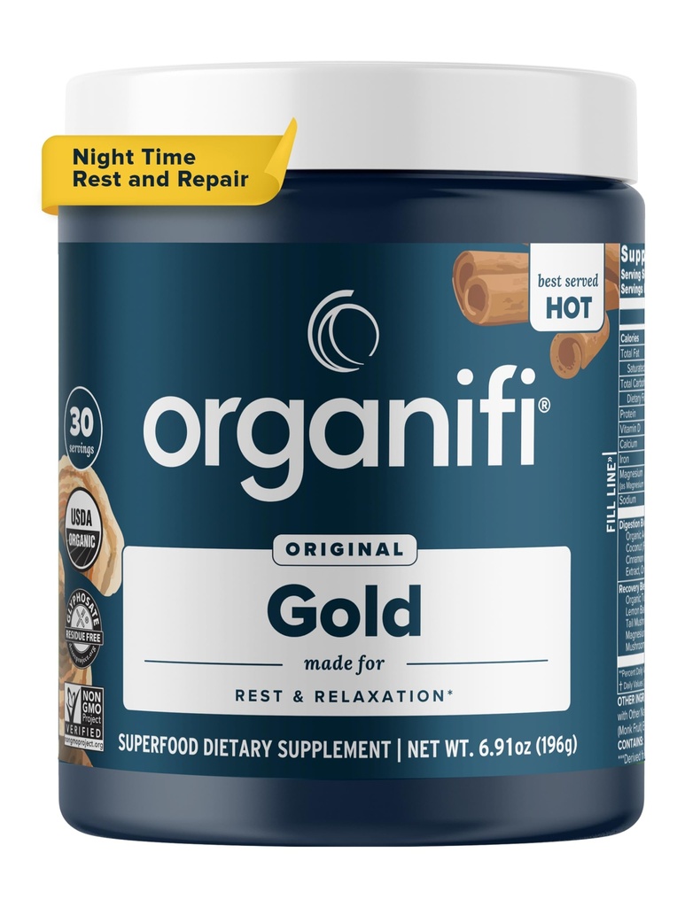 Organifi: Guld - Superfood supplement pulver - 30 Serveringer - Stress Support, bedre hvile, afslapning og fremmer restablende søvn - Gurkemeje og Reishi Infunded