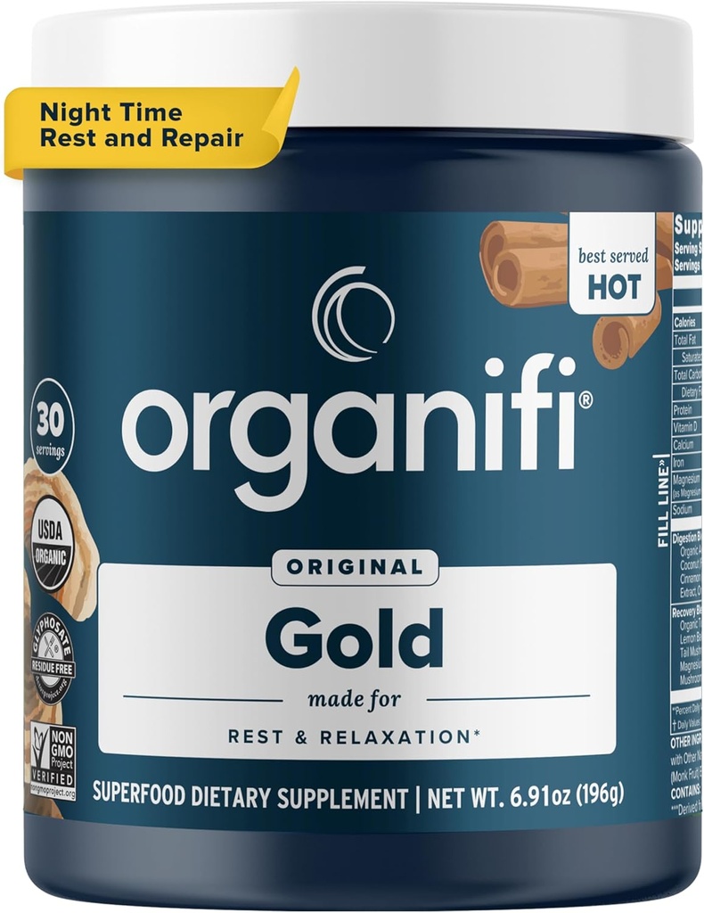 Organifi: Guld - Superfood supplement pulver - 30 Serveringer - Stress Support, bedre hvile, afslapning og fremmer restablende søvn - Gurkemeje og Reishi Infunded