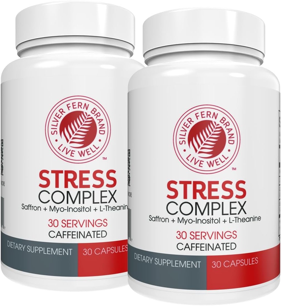 Sølv Fern Stress Complex supplement - med koffein - søvn, bekymring, mad & mere - med safran kosttilskud, L- Theanine supplement, og Myo- inositol - Natural Stress Relief supplement (Pack o 2)
