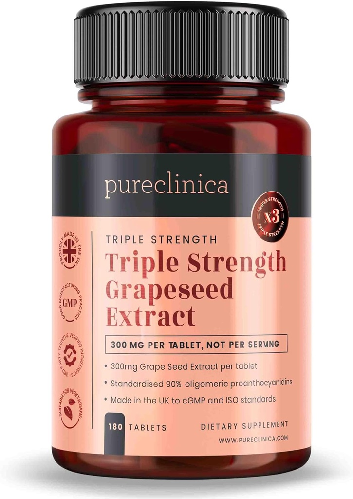 pureclinica Grape Seed Extract 300mg x 180 Tablets - 90% Oligomeric Proanthocyanidin. 300% stærkere end almindelig gråsæd.