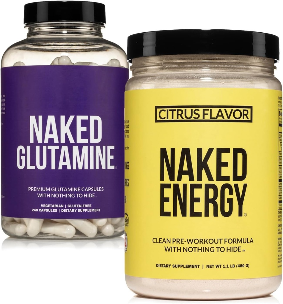 Nøgen Vegan Energizing Muscle Recovery Bundle: Nøgen Citrus Energy og 240 Nøgne L- Glutamin Kapsler, 1000mg