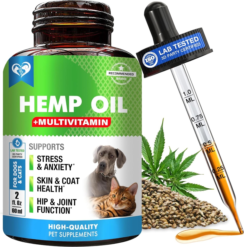 Cat & Hampp Oil Drops med Multivitamin - Pet Calming Anti Angst & Hip og fælles smertestillende og Anti Stress Support - Natural Liquid Supplement (2 oz)