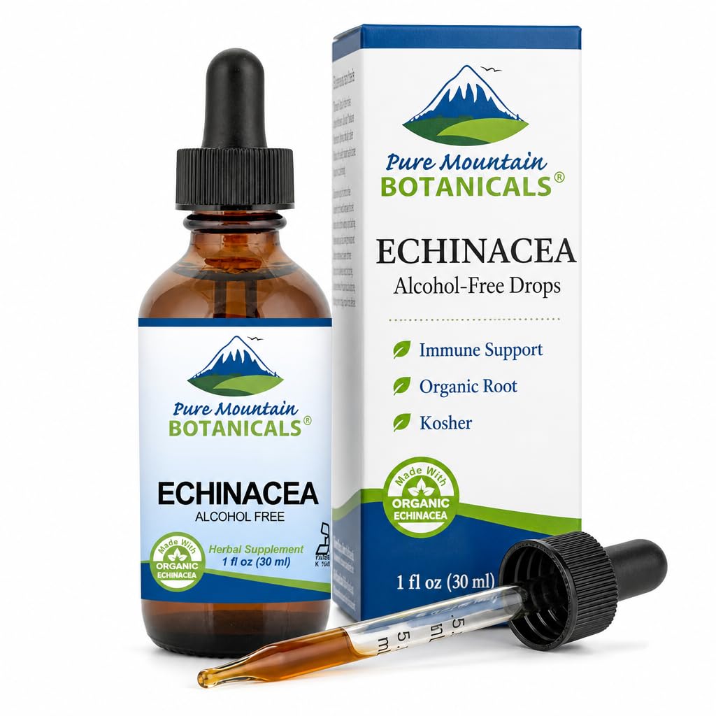 Pure Mountain Botanicals Liquid Echinacea Drops - Kosher Tincture Alkohol Free Extract - 500mg Organic Echinacea -1oz Flaske