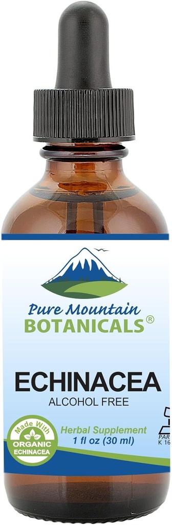 Pure Mountain Botanicals Liquid Echinacea Drops - Kosher Tincture Alkohol Free Extract - 500mg Organic Echinacea -1oz Flaske