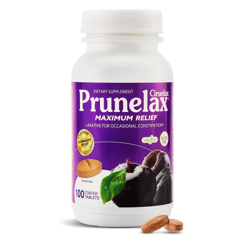 Prunelax Ciruelax Maksimum Relief Laxative Tablets with Natural Senna for Occasional Constipation, Senna Extract, Vegan & Gluten- Free, Gentle Overnight Relief - 100ct