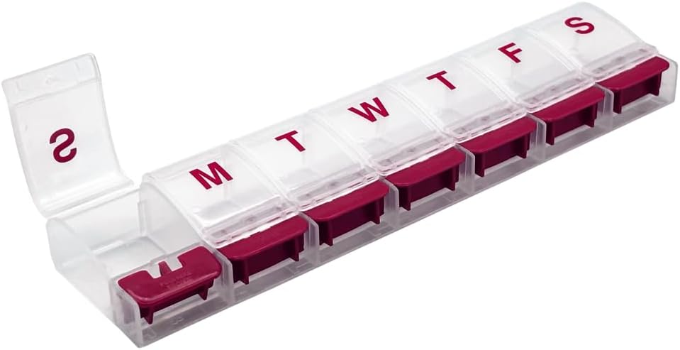 EZY DOSE Weekly (7-dag) AM / PM Daily Push Button Pill Organizer, Vitamin Case, og Medicine Container, X- Large Compartments, Gigt Friendly, Praktisk og nem at bruge, Clear / Red, BPA Free