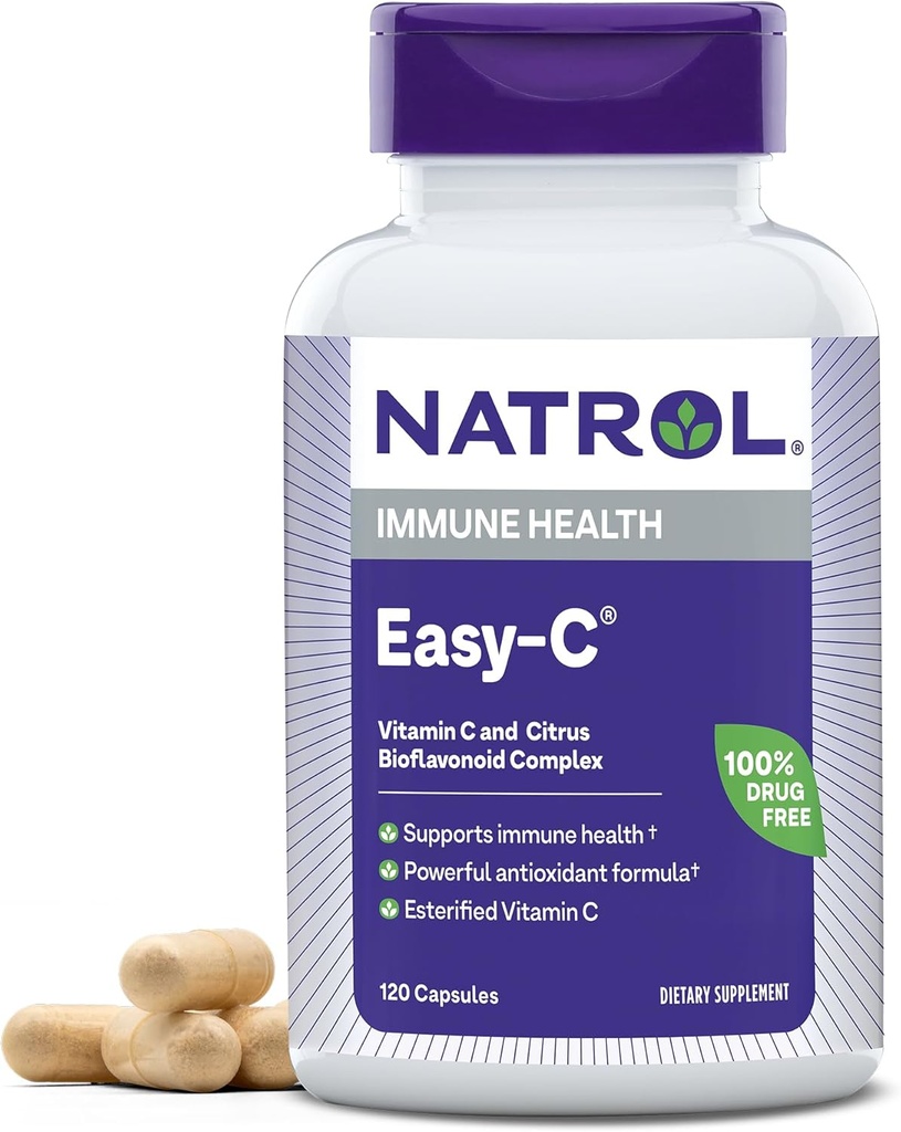 Natrol Easy- C immunsundhed, kosttilskud, understøtter immunsundhed med C-vitamin og bioflavonoider, Veggie kapsler, 500 mg, 120 Tæl