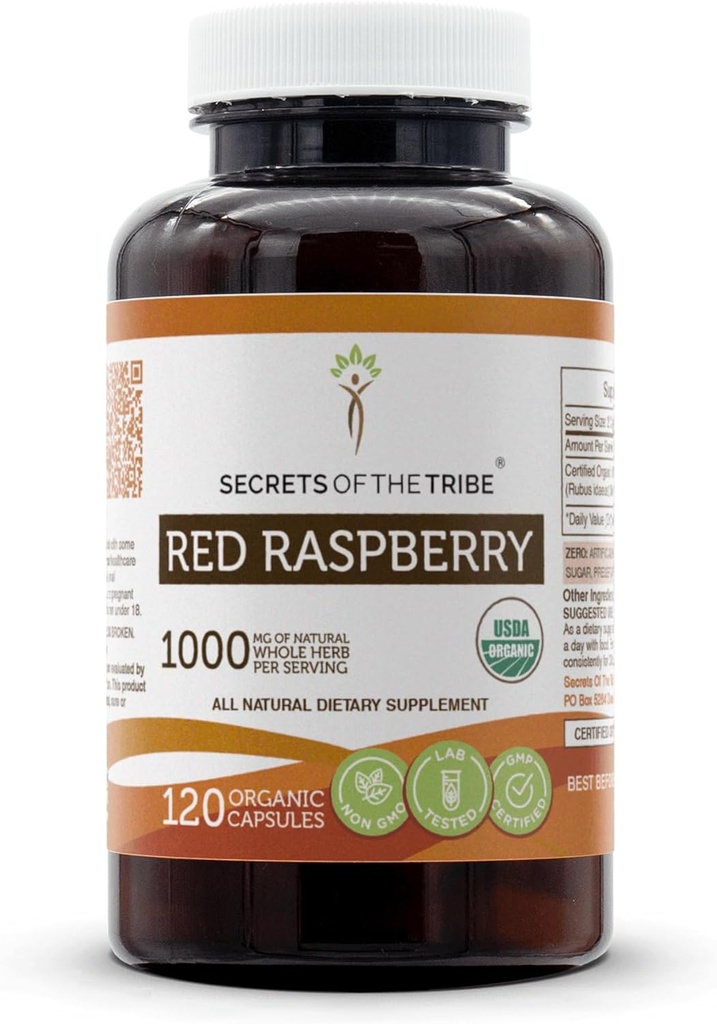 Secrets of the Tribe Red Raspberry USDA Organic Capsules Measures 124; Certified Organic Vegetarian Capsules, Herbal Dietary Supplement Measures 124; Rubus idaeus Tørret Leaf (120 Count)
