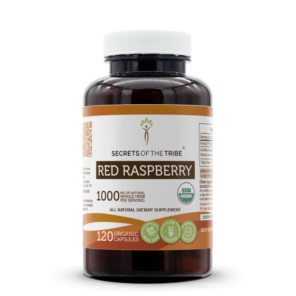 Secrets of the Tribe Red Raspberry USDA Organic Capsules Measures 124; Certified Organic Vegetarian Capsules, Herbal Dietary Supplement Measures 124; Rubus idaeus Tørret Leaf (120 Count)