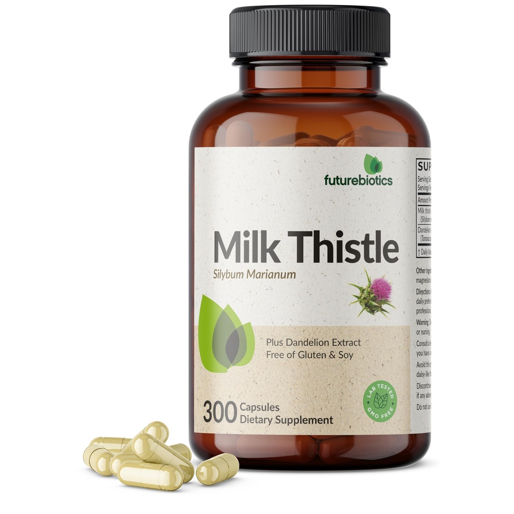 Futurebiotika Mælk Thistle Silymarin Marianum & Mælkebøtte Root Lever Health Support, Antioxidant Support, Detox, 300 kapsler