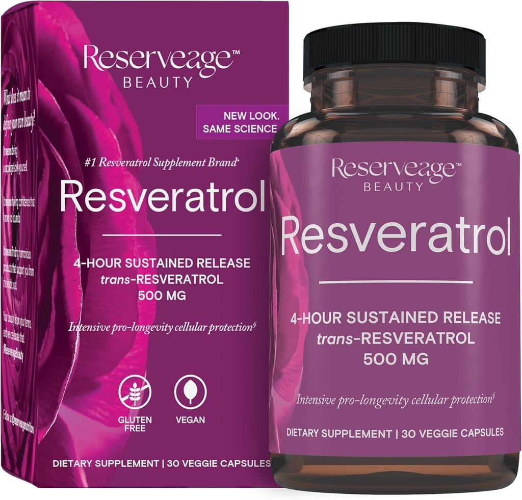 Reserveage Skønhed, Resveratrol 500 mg, Antioxidant supplement til hjerte og cellulær sundhed, understøtter sund aldring og immunsystem, Paleo, Keto, 30 kapsler