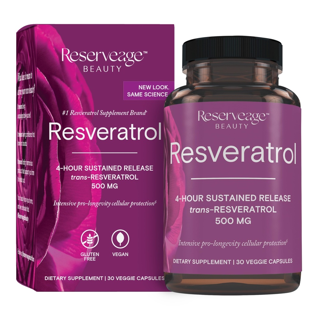 Reserveage Skønhed, Resveratrol 500 mg, Antioxidant supplement til hjerte og cellulær sundhed, understøtter sund aldring og immunsystem, Paleo, Keto, 30 kapsler