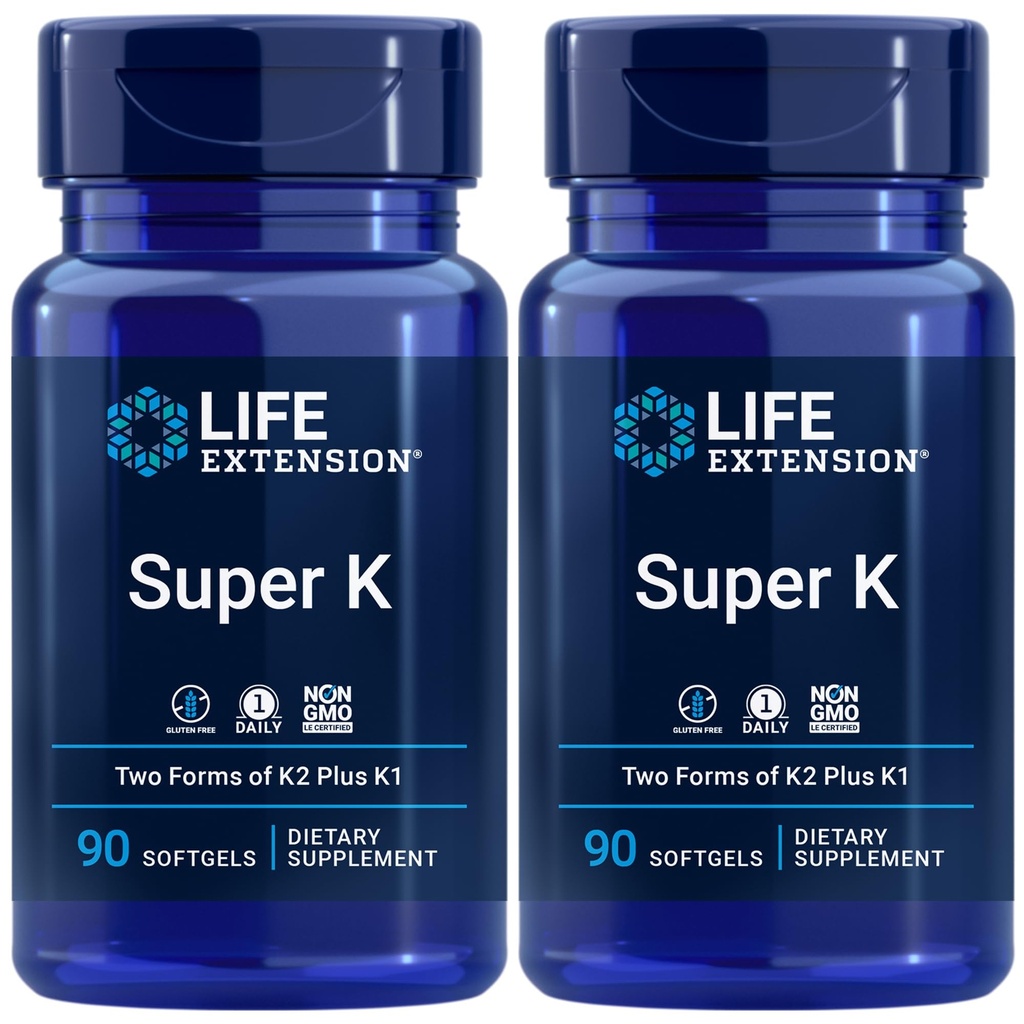 Life Extension Super K, Vitamin K1, Vitamin K2 mk- 7, Vitamin K2 mk-4, Vitamin C, Bone / Heart / arteriel Sundhed, 3- Month Supply, Gluten- Free, 1 Daily, Non- GMO, 90 softels (Pack of 2)