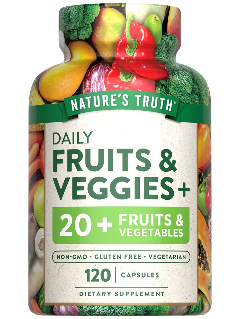 Naturens Truth Fruit and Veggies Supplements 124; 120 Vegetariske Capsules; 124; 20 + Frugter & Grøntsager; 124; Vegetarer, Non- GMO, og Gluten Free Supplement