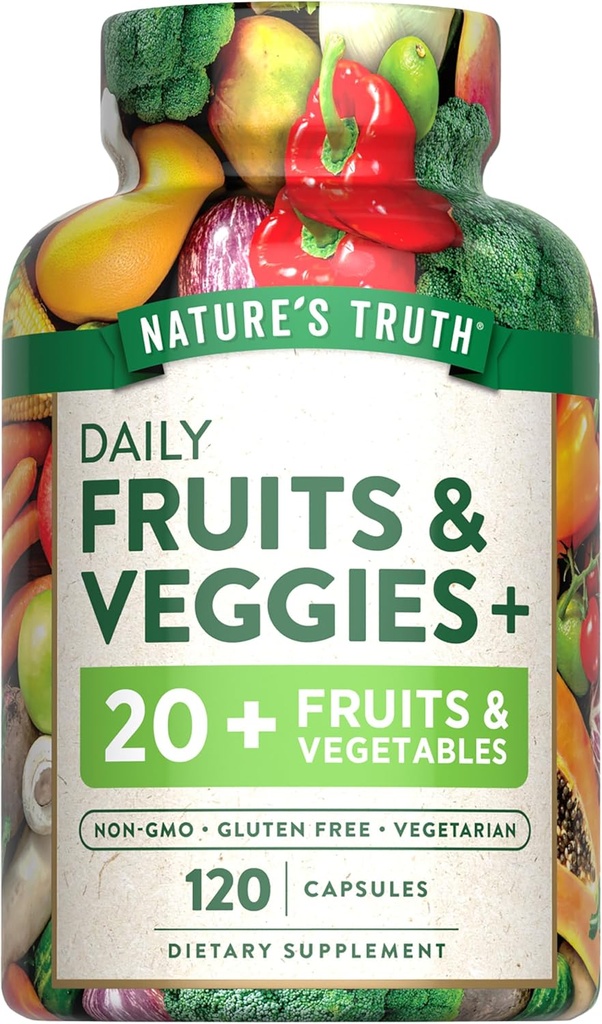Naturens Truth Fruit and Veggies Supplements 124; 120 Vegetariske Capsules; 124; 20 + Frugter & Grøntsager; 124; Vegetarer, Non- GMO, og Gluten Free Supplement