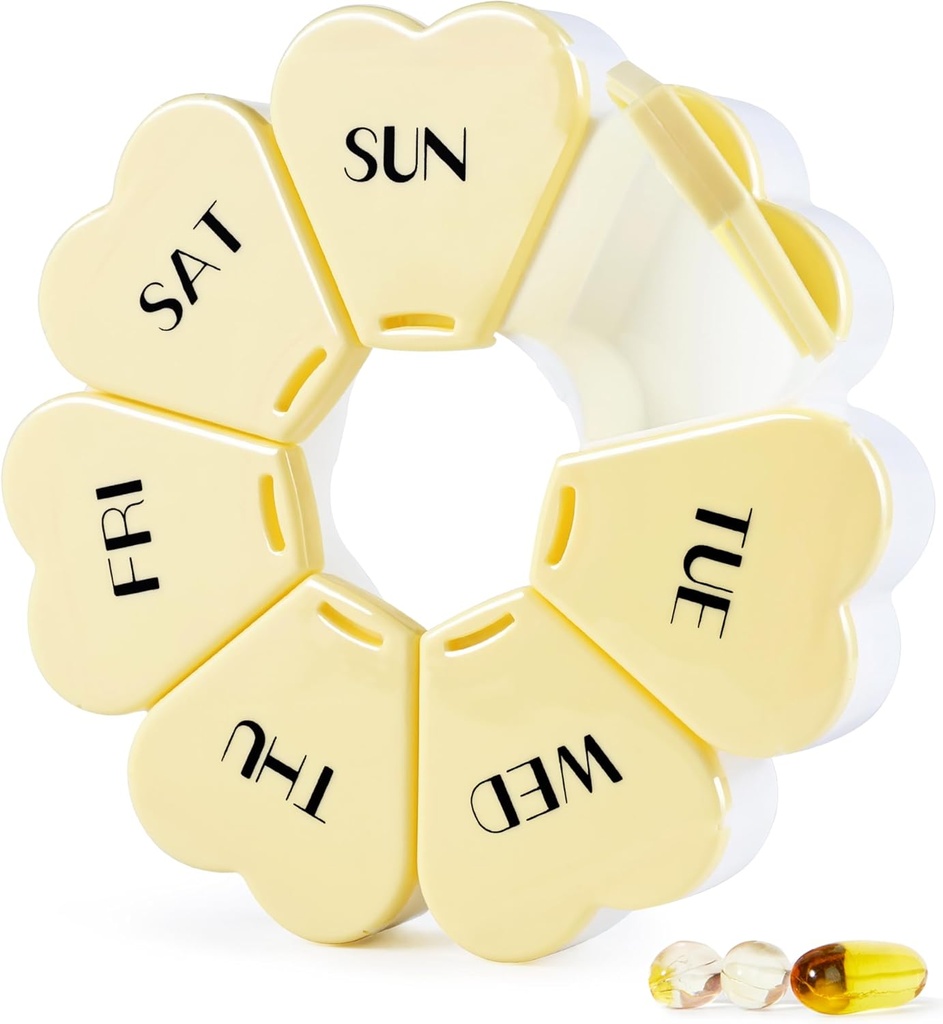 MOLN HYMY Stor Ugentlig Pill Box 7 Dag, Pill Case Organizer, Flower Pill Container Når dagligt, Round Medicine Dispenser for Vitamin / Fish Oil / Medicin / Supplement (gul)