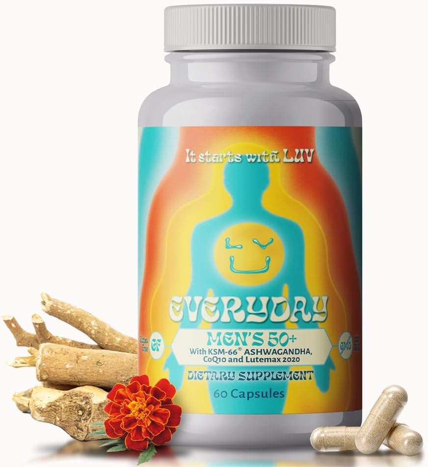 LUV Everyday™ Men’s 50+ Multivitamin - Adult Formula Daily Nutritional Support with Iron, Calcium, KSM-66 Ashwaganda, CoQ10, Lycopene, and Lutemax 2020- Vegetarian Gluten-Free & Non-GMO - 60 Capsules