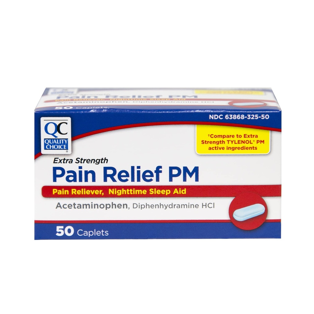 Quality Choice Extra Strength Pain Relief PM, Pain Reliever og Nighttime Sleep Aid, Acetaminophen 500 mg & Diphenhydramin HCI 25 mg (Sleep Aid), 50 Count Package of Caplets
