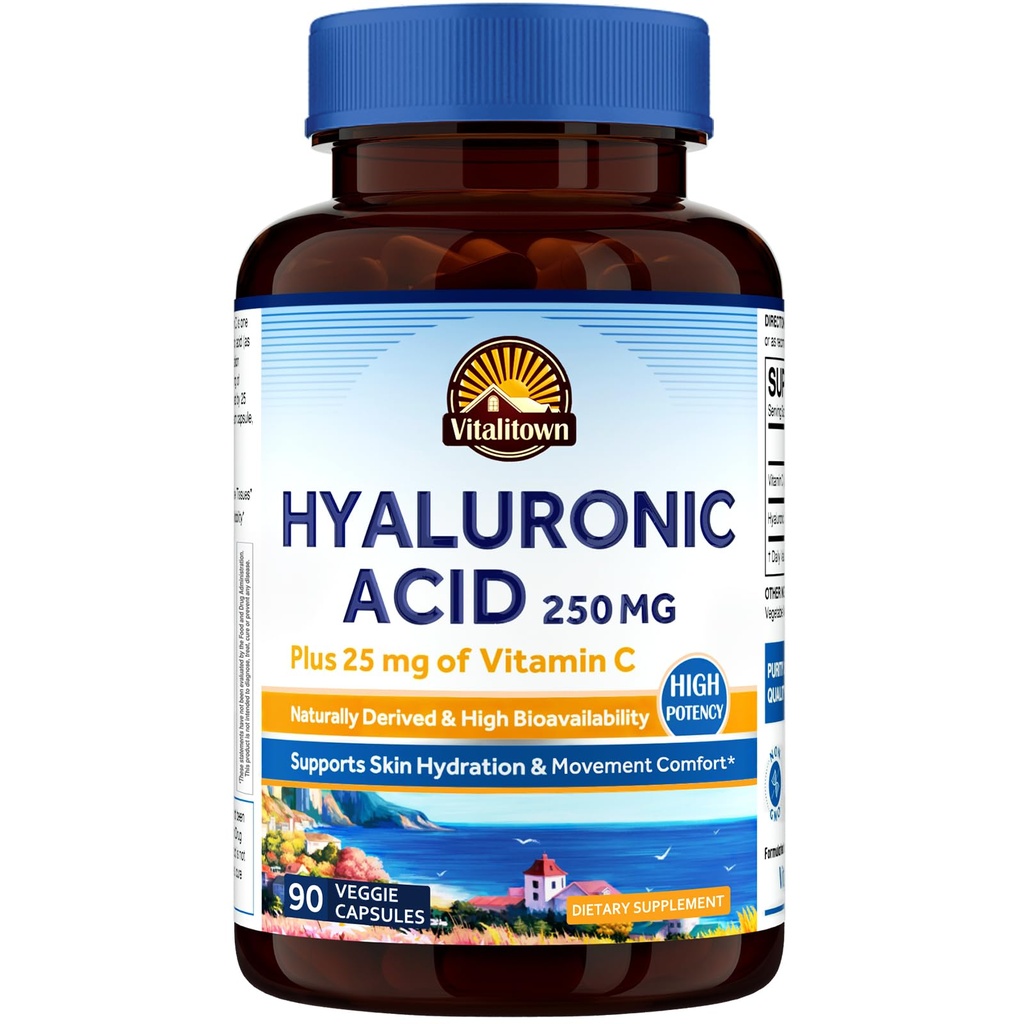 Vitalitown Hyaluronsyre Kosttilskud 250 mg, Plus 25 mg C-vitamin, naturligt afledt og høj biotilgængelighed, hudhygiejne, 90 Vegan kapsler, 3 måneders forsyning